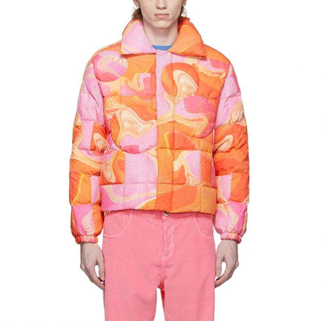OEM-producent Custom Winter M&aelig;nd Down H&oslash;jkvalitets Varme Single Jersey Lang&aelig;rmet Pink Grafisk Print Puffer Jakke