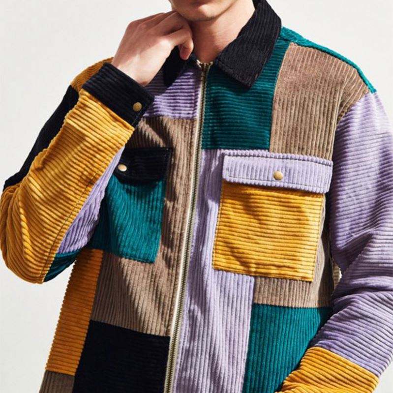 Hot Selling Windbreaker Jakke Herret&oslash;j Farve Blokeret Corduroy Zip Up Shirt Jakker