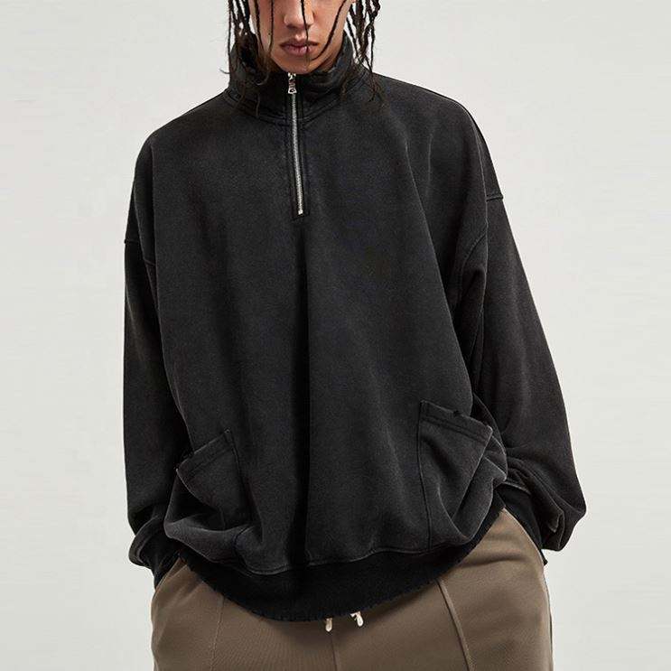 Pullover ampio con colletto rialzato con cerniera invecchiata produttore OEM con tasche Felpe con lavaggio acido