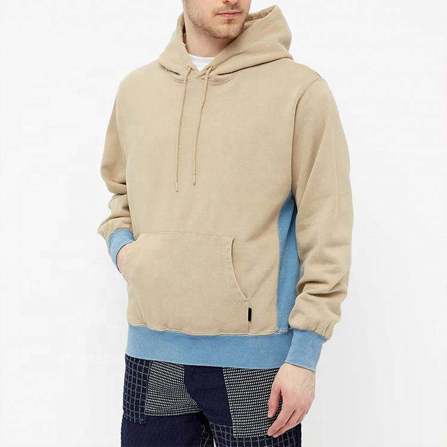 Pengilang OEM Tersuai 100% Kapas French Terry Lelaki Patchwork Blok Warna Ribbed Trims Hoodies Pullover