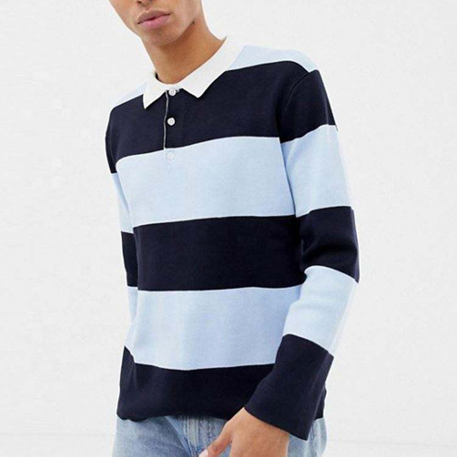 Embroidery Logo ແຂນຍາວ Rugby Stripe Men ເສື້ອໂປໂລ