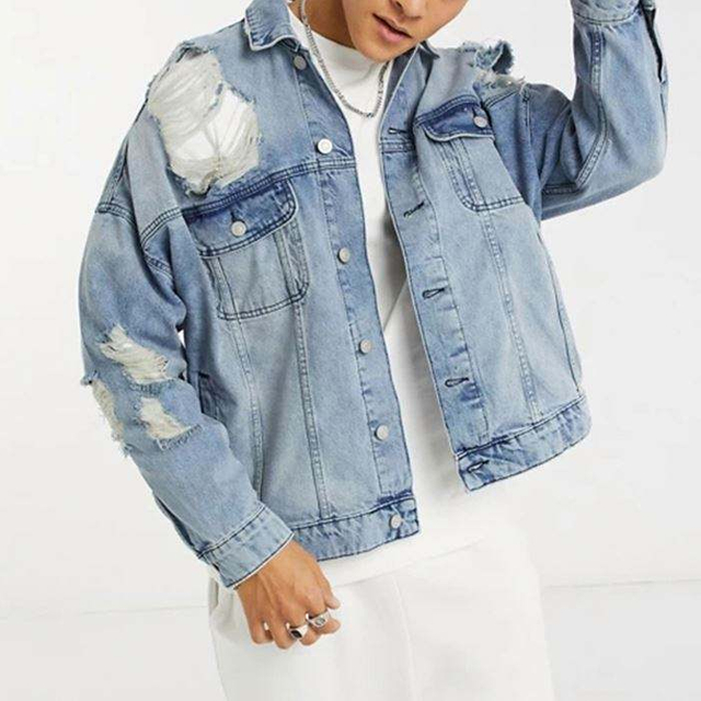 Moške jeans jakne po meri Denim Washed Distressed Oversized Moška denim jakna
