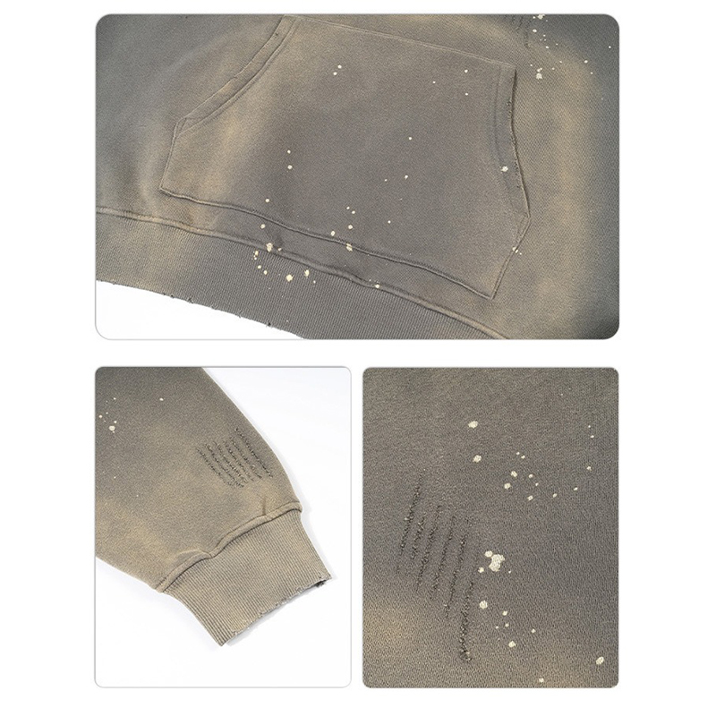 Conjunto de pantalones deportivos y sudadera con capucha con logotipo personalizado rociado con mono pesado desgastado con lavado &aacute;cido vintage de 360 ​​​​gsm