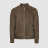 Giacca stile street style con logo personalizzato, colletto rialzato, morbide giacche da uomo in pelle scamosciata al 100% verde militare