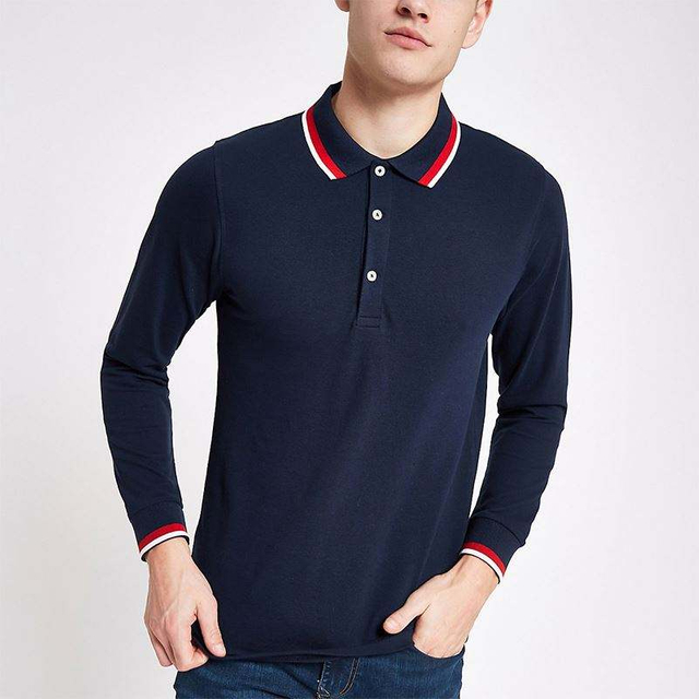 Camisas masculinas camisa polo de manga comprida com ponta azul marinho