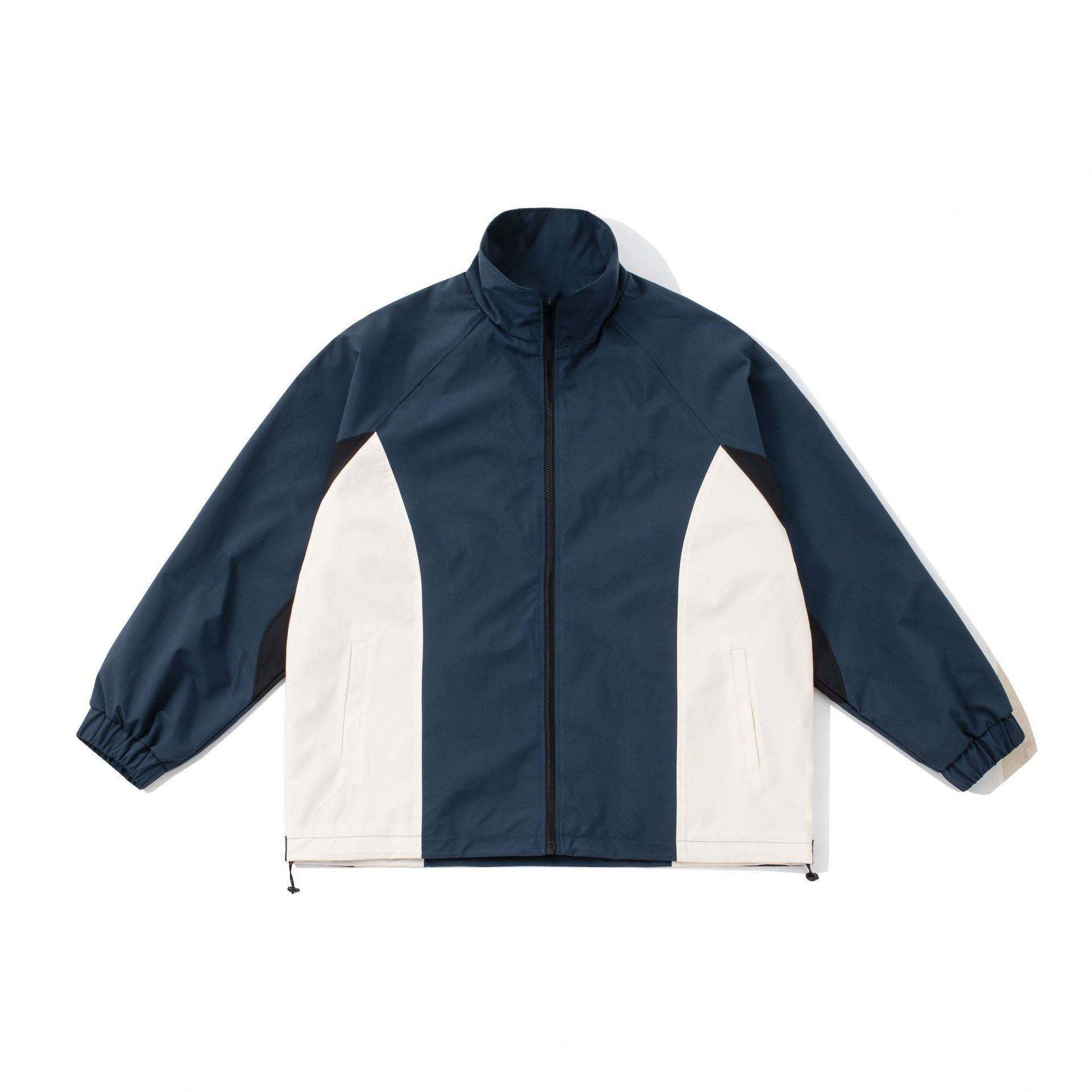 Fabricante OEM, tallas grandes personalizadas, costuras en contraste, cuello levantado popular, chaqueta informal con cremallera