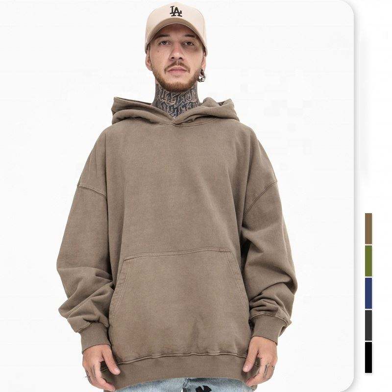 Fabricante OEM personalizado franc&ecirc;s Terry moletom com capuz pul&ocirc;veres pesados ​​sem cord&atilde;o com capuz lavagem com &aacute;gua casacos masculinos vintage pesados