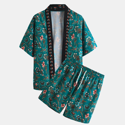 OEM-Hersteller ma&szlig;geschneidertes d&uuml;nnes Herrenbekleidungsset mit Stranddruck, Strickjackenhemden und Shorts, l&auml;ssiges Herren-Shorts-Set