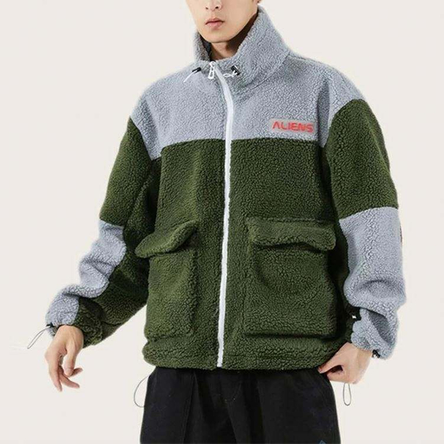 Cut And Sew Pockets Winter Jacket Men Colorblock Oversized Stand Collar Elastic Hem Bomber Jacket Wholesale