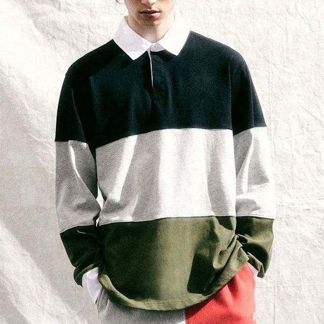 เสื้อผ้าขายส่งระหว่างประเทศโลโก้ที่กำหนดเองแขนยาว Colorblock เสื้อโปโลรักบี้