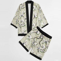 Bộ Quần Short Thời Trang M&ugrave;a H&egrave; Nam Hạc In Tương Phản R&agrave;ng Buộc Quần Short Kimono Bộ Nam Hai Mảnh Quần Short Bộ