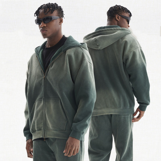 Acid Wash Fitness Heavyweight Men Two Piece Set Tracksuit Jogging Suit Sweatpants နှင့် Hoodie Set