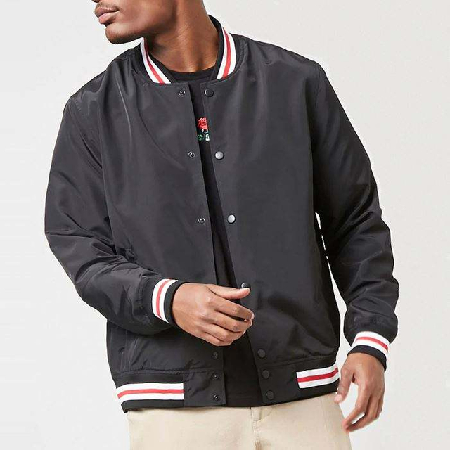P&aacute;nske čierne bundy typu Bomber s dizajnom vlastn&eacute;ho loga Crew Neck Varsity Striped Trim