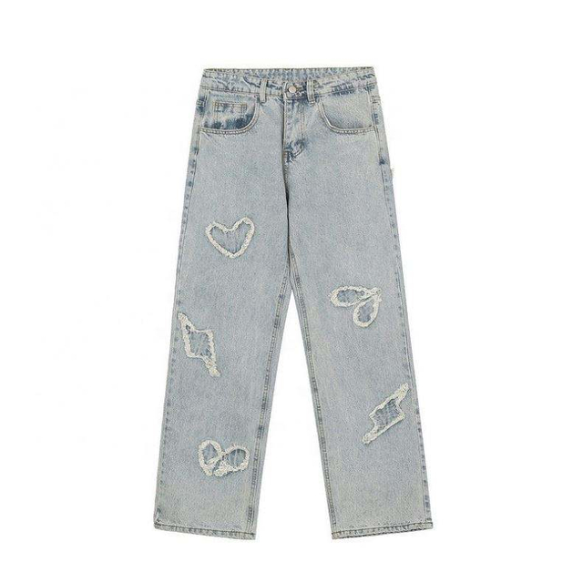 OEM-fabrikant Groothandel op maat Logo High Street denimbroek Gewassen patchdoek Wollen rand Casual broek voor herenkleding