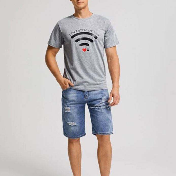 รูปแบบ Wifi แบบกำหนดเองพิมพ์เสื้อยืดกราฟิกบุรุษแขนสั้น O คอน้ำหนักเบาผู้ชายฤดูร้อน 180 Gsm เสื้อยืด