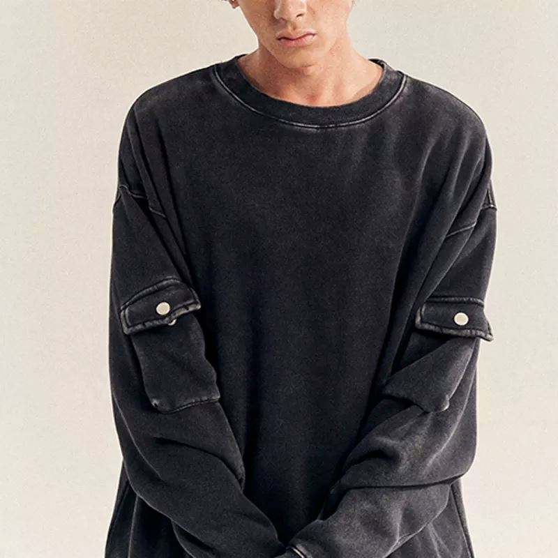 OEM メーカーカスタムポケットスリーブ高品質ヘビーウェイト綿 100% クルーネックウォッシュヴィンテージスウェットシャツ紳士服
