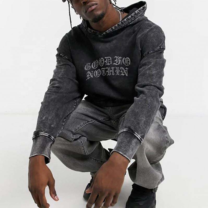 ຜູ້ຜະລິດ OEM ຄົນອັບເດດ: Heavyweight Distressed Faded Pullover Custom Stone Acid Washed Vintage Rhinestone Custom Hoodie