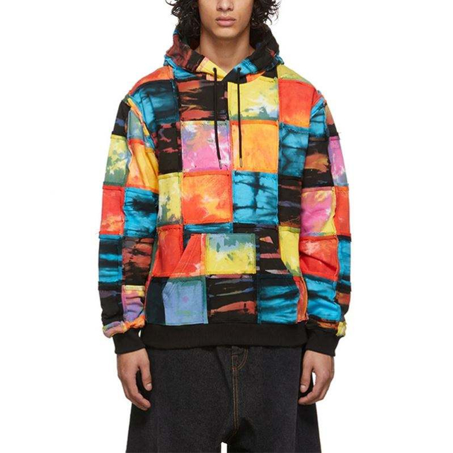 OEM Manufacturer Custom homines tunicas Terry Fabric Drawstring Corvus Patch Design Multicolor Patchwork Sleeve Hoodies