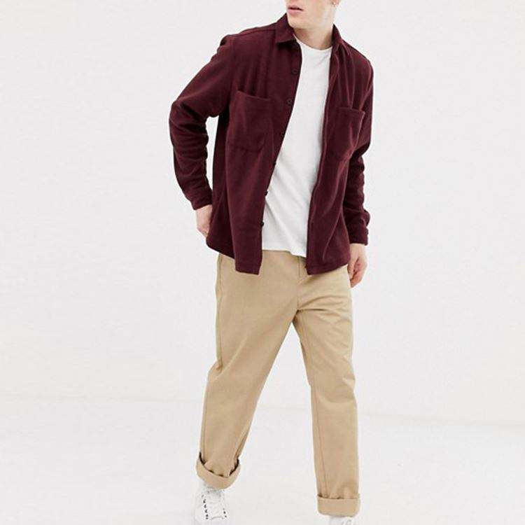 OEM-производитель Мужские рубашки с нагрудным карманом и вышивкой логотипа Флисовая рубашка бордового цвета