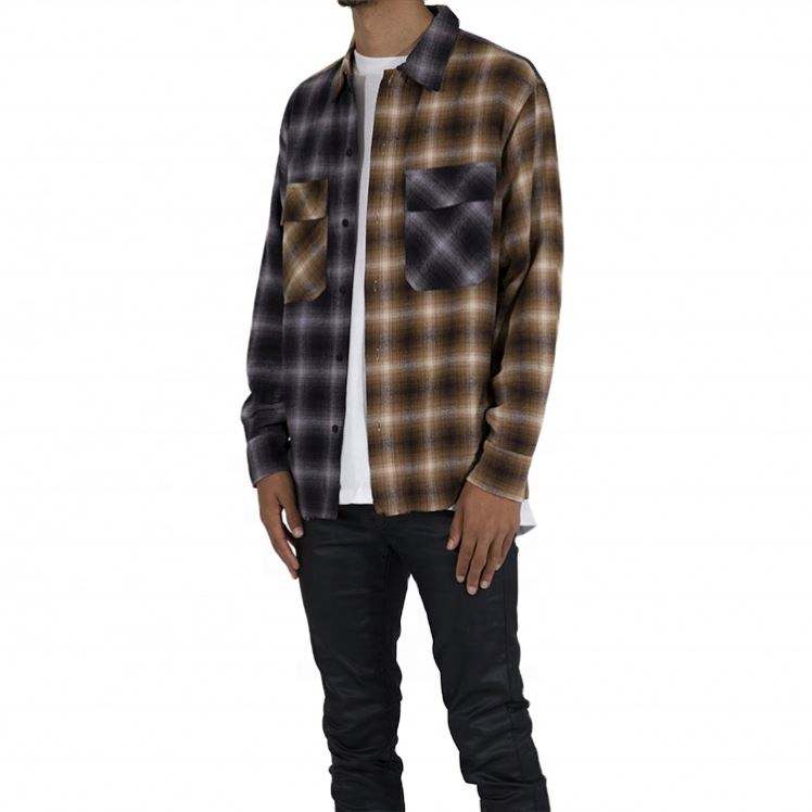 OEM メーカーカスタムリラックスフィットツートンカラーブロック長袖ビッグチェック柄チェックフランネルシャツ男性用