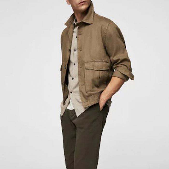 Chaqueta con cuello cl&aacute;sico de mezcla de lino con dise&ntilde;o de logotipo personalizado, manga larga con pu&ntilde;os abotonados, bolsillos, chaquetas para hombre