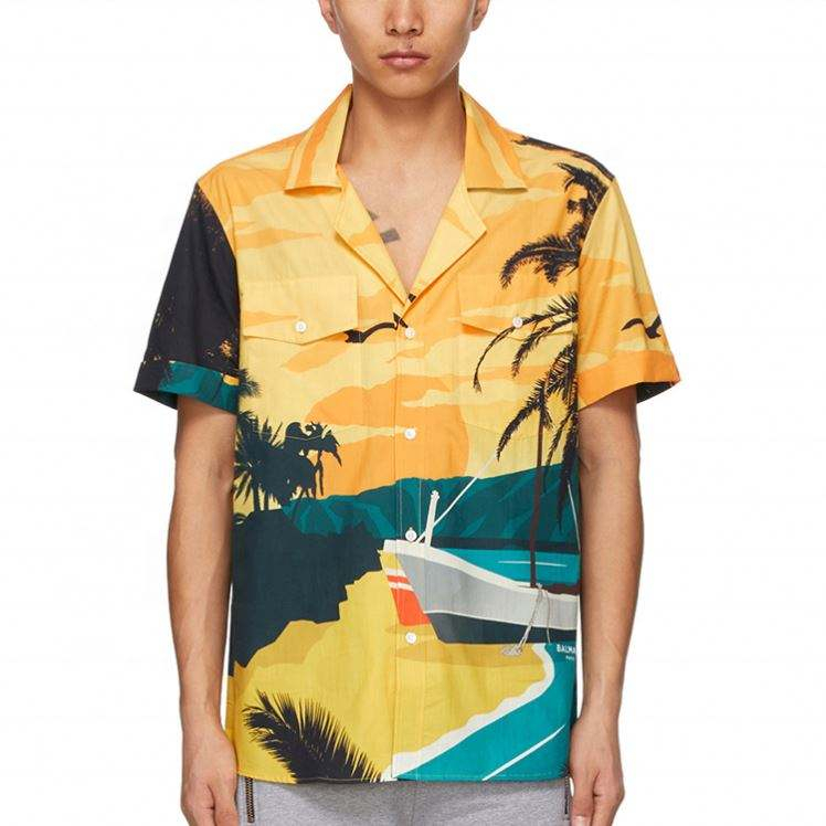 Produttore OEM popolare camicia stampata estiva stile hawaiano personalizzata casual da uomo traspirante