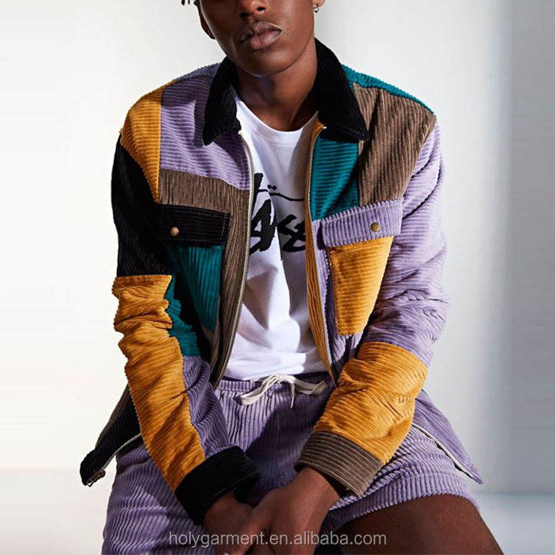 Hot Selling Windbreaker Jakke Herret&oslash;j Farve Blokeret Corduroy Zip Up Shirt Jakker