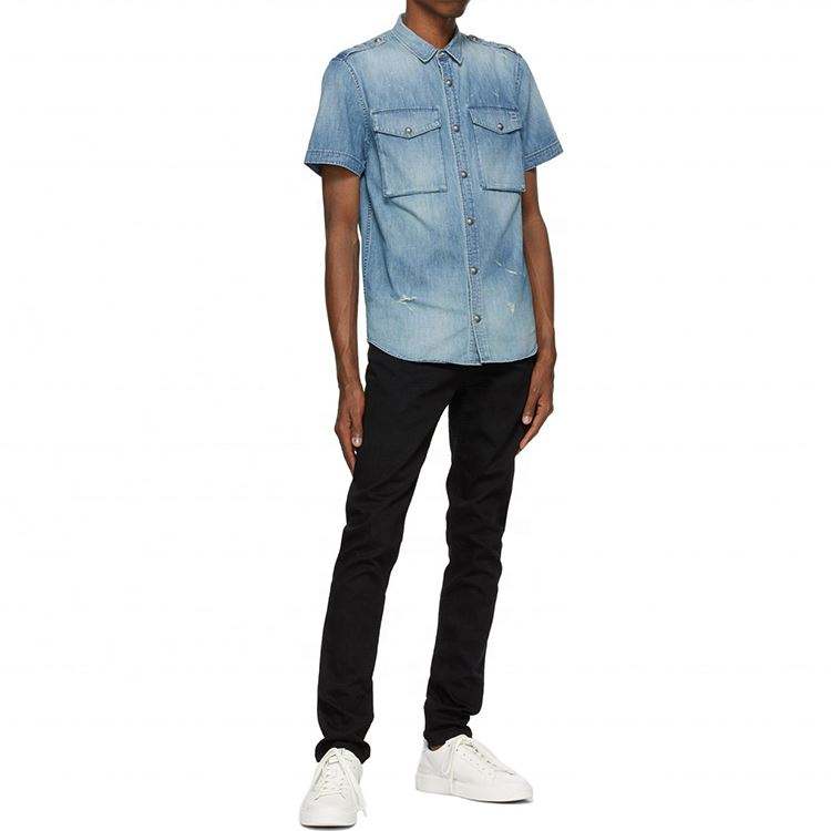 OEM Fabrikant Service Blauw Distressed Denim Heren Jean-shirt met korte mouwen