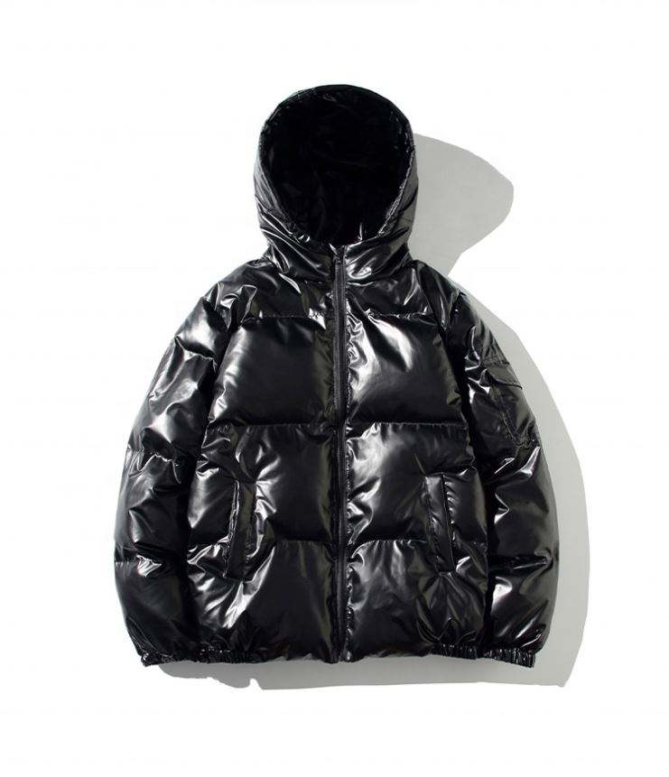 Personalizzazione del produttore OEM Bomber invernale nero lucido Piumino da uomo piumino taglie forti con giacca con cappuccio