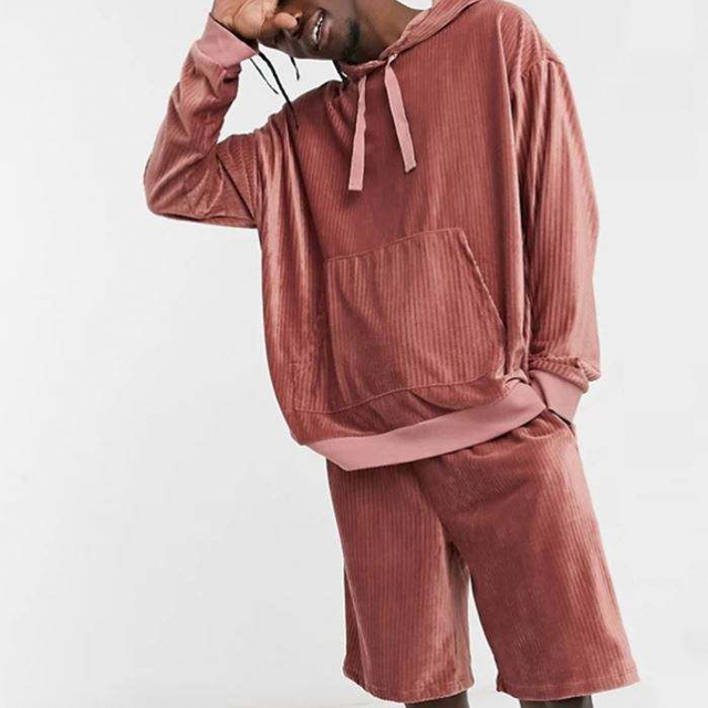 Surv&ecirc;tements en gros personnalis&eacute;s pull sweat-shirt shorts &eacute;lastiques ensembles velours c&ocirc;tel&eacute; plaine hommes ensemble de surv&ecirc;tement