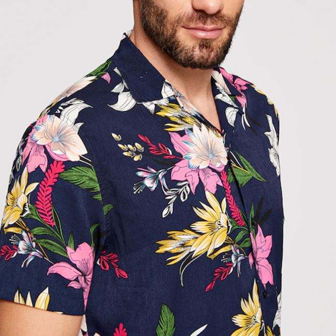 Fabricante OEM Design de moda com estampa floral tropical camisas de manga curta masculina