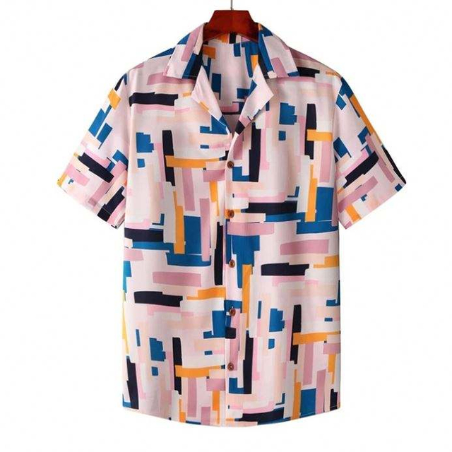 OEM-fabrikant Fabriek op maat Groothandel Herenkleding Zomer korte mouw Allover Geo bedrukte herenoverhemden