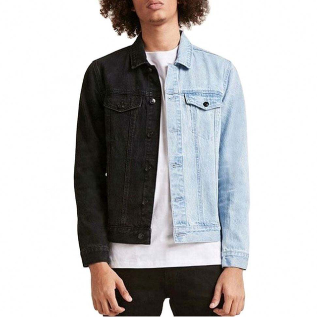 Veste en Jean bloc en Denim pour hommes, fabricant OEM personnalis&eacute;, demi-bleu, noir, couleur fendue