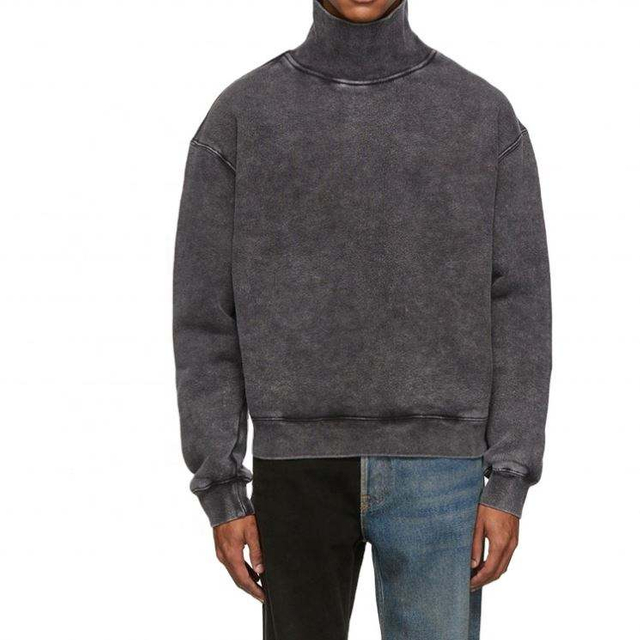 Pengeluar OEM Kapas Tersuai Vintaj Dicuci Pudar Kolar Tinggi Bersaiz Besar Sweatshirt Dicuci Salji Untuk Lelaki
