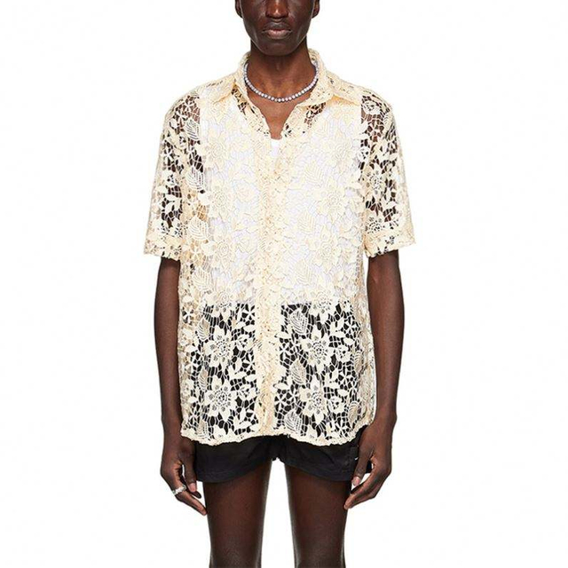 OEM proizvođač po narudžbi Muška modna bež žuta visokokvalitetna čipkasta košulja s četvrtastim ovratnikom i kratkim rukavima s gumbima