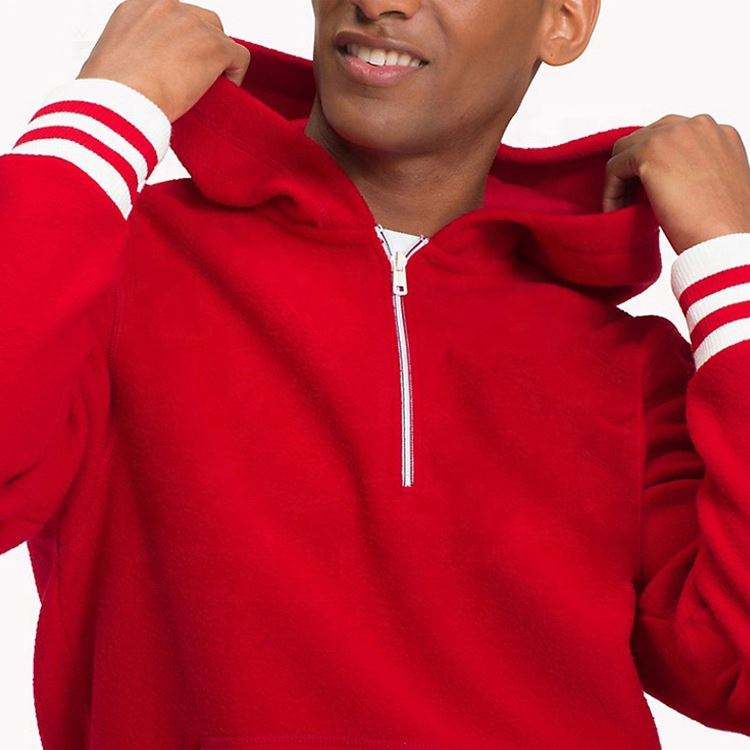 OEM производител на едро, мъжко персонализирано лого, червен половин цип с оребрени ивици, празни суичъри с качулка