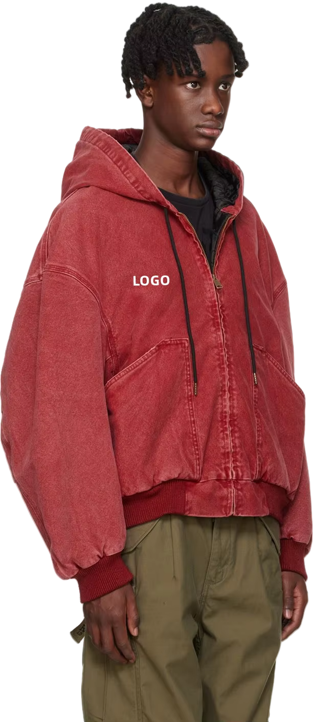 Pielāgots izšūšanas logotips Lielizmēra vintage skābes mazgāšana, vaļīga kaste, pieguļoša, apgriezta rāvējslēdzēja kapuce, smaga kokvilnas audekla jaka