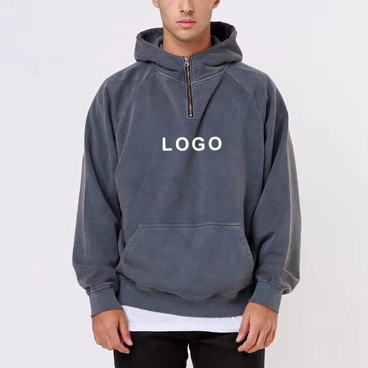 Heren op maat gemaakte grijze blanco 100% katoenen zwaargewicht trui met capuchon Oversized trui met kwartrits