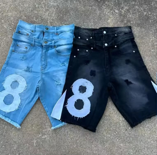 사용자 정의 남성 데님 청바지 반바지 빈티지 산성 세척 더블 허리 헐렁한 Jorts 수 놓은 플레어 고민 된 찢어진 반바지