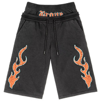 Vintage Washed Loose Fit Bermuda Shorts Fashion Double Waist Flame Cracked Print Drawstring Shorts Summer Casual Shorts Cotton Shorts