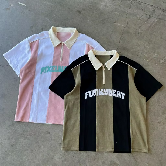 R&auml;&auml;t&auml;l&ouml;idyt raidalliset poolopaidat Sublimoitu punavalkoinen printti Unisex-kirjonta Quarter Button Lyhythihainen Box Cropped poolo T-paidat