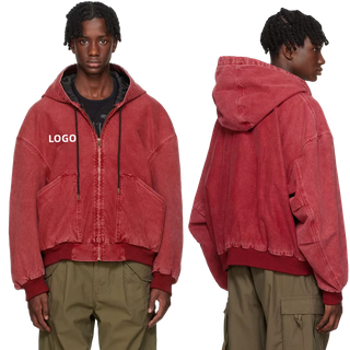 Logo ricamato personalizzato oversize lavaggio acido vintage vestibilit&agrave; ampia con cappuccio corto con cerniera giacca in tela di cotone pesante