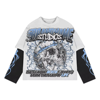 Benutzerdefiniertes &uuml;bergro&szlig;es Streetwear-T-Shirt mit Distressed-Volldruck und Flammen&auml;rmeln, doppellagiges Langarm-T-Shirt