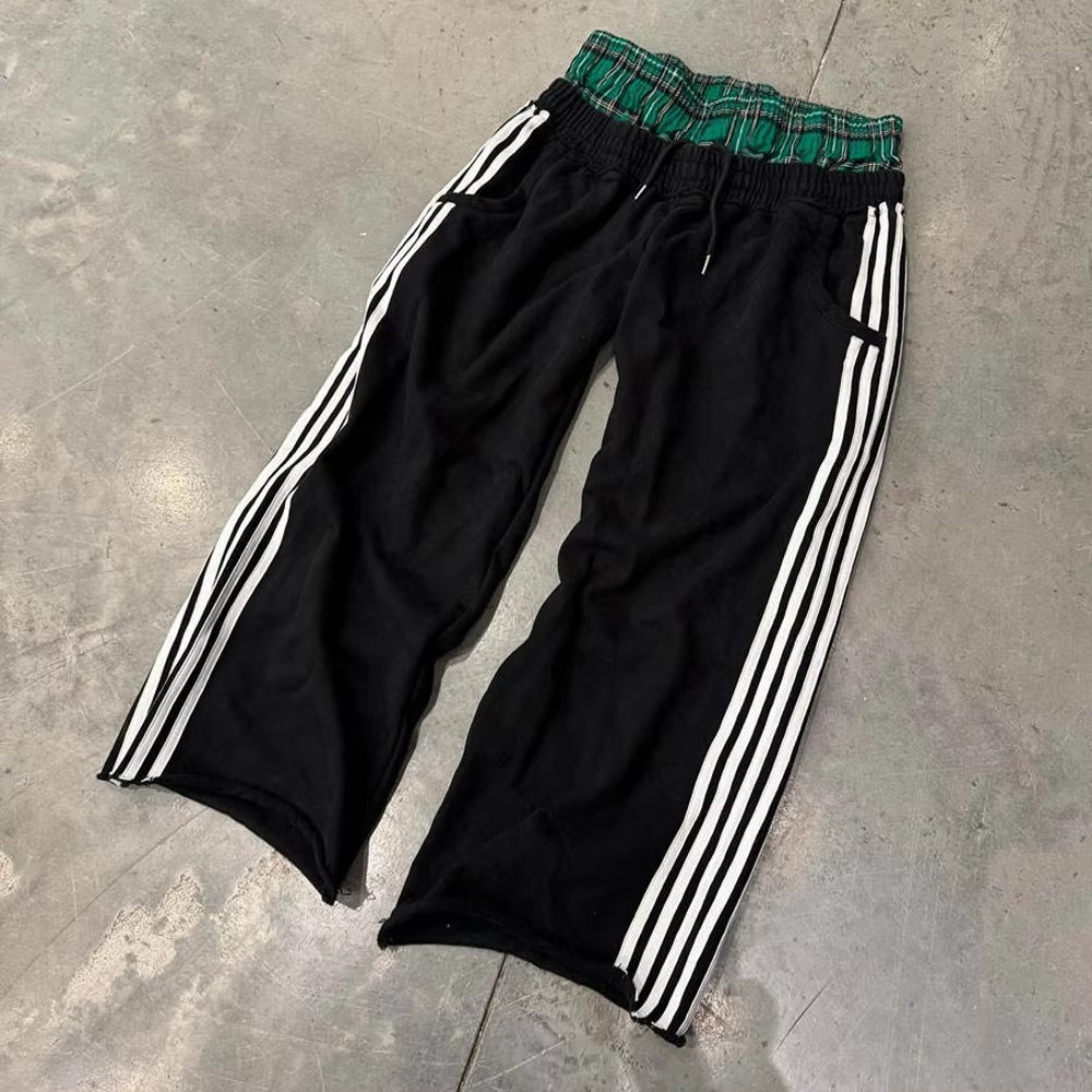 Pantalones de ch&aacute;ndal informales personalizados para hombre, pantalones de ch&aacute;ndal holgados acampanados a rayas de felpa francesa, pantalones holgados bordados de Hip Hop con cintura doble