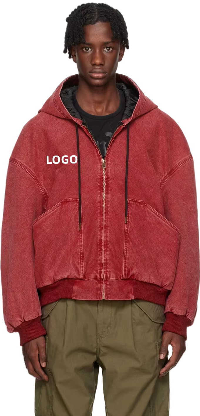 Pielāgots izšūšanas logotips Lielizmēra vintage skābes mazgāšana, vaļīga kaste, pieguļoša, apgriezta rāvējslēdzēja kapuce, smaga kokvilnas audekla jaka