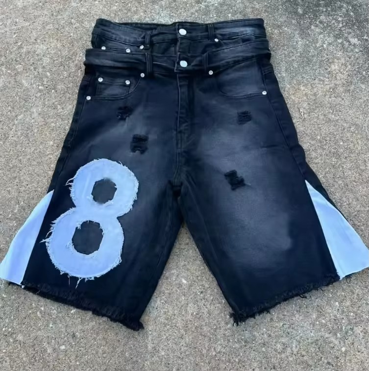 Egyedi f&eacute;rfi farmer farmer r&ouml;vidnadr&aacute;g Vintage Acid Wash dupla derek&uacute; baggy Jorts h&iacute;mzett kisz&eacute;lesedő szorongatott szakadt r&ouml;vidnadr&aacute;g