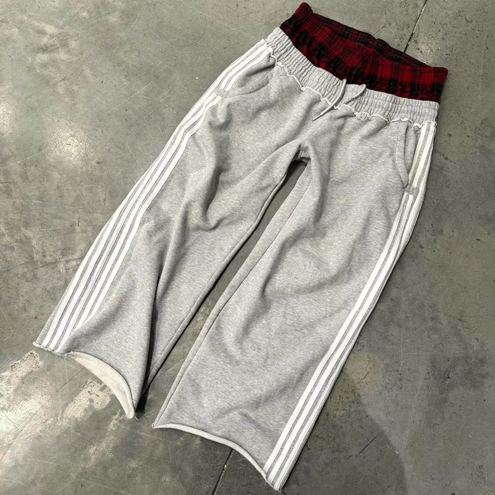 Pantalones de ch&aacute;ndal informales personalizados para hombre, pantalones de ch&aacute;ndal holgados acampanados a rayas de felpa francesa, pantalones holgados bordados de Hip Hop con cintura doble