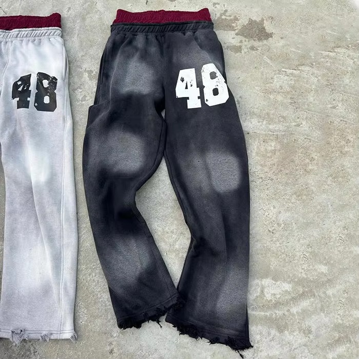 Custom Printing Logo Distressed Double Waisted Acid Wash Flared Sudor Pants Men Sun Faded Lavit Baggy Sweatpants