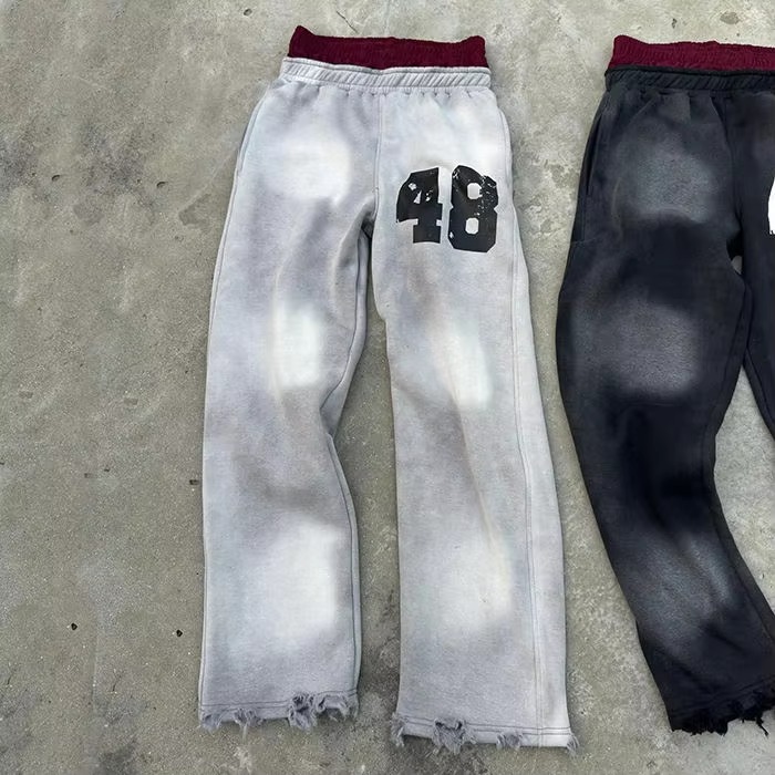 Custom Printing Logo Distressed Double Waisted Acid Wash Flared Sudor Pants Men Sun Faded Lavit Baggy Sweatpants