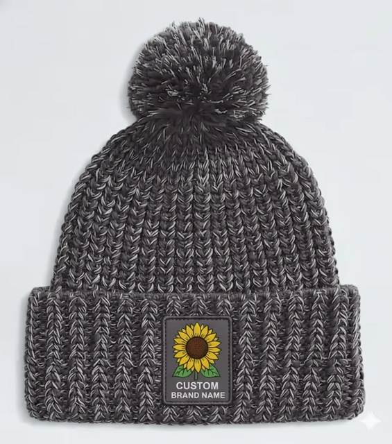 Augstas kvalitātes ziemas termiski adīta pom-pom beanie, bieza dzija pielāgotas krāsas silikona gumijas logotips